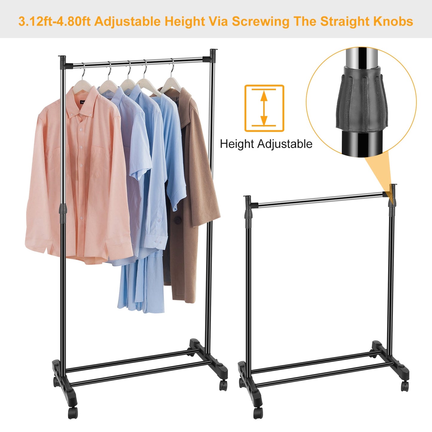 15kg 33lbs Garment Racks 3.12ft To 4.80ft Height Adjustable Clothes Stand Foldable Clothes Hanger With Wheels Storage Shelf For Dormitory Home