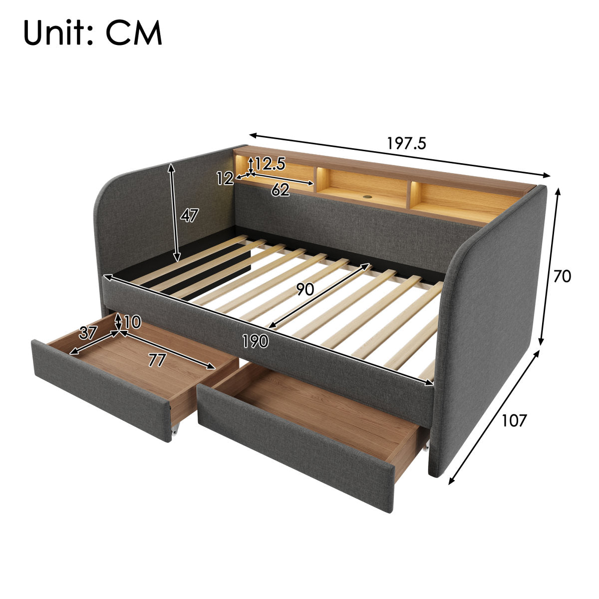Upholstered Daybed With Headboard Storage, 90 X 190 Cm Single Sofa Bed With LED And USB Type-C Reading Light, 3FT Daybed With 2 Drawers, Linen, Grey   Without Mattress