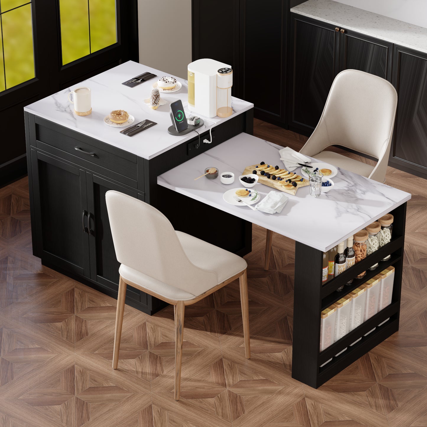 K&K 82.7 Inch Kitchen Island With Extendable Dining Table For 4 6 Person,Faux Mable Kitchen Table With Double Sized Storage,Power Outlet,Kitchen Island With Storage 2 Drawers 2 Side Open Shelves,Black
