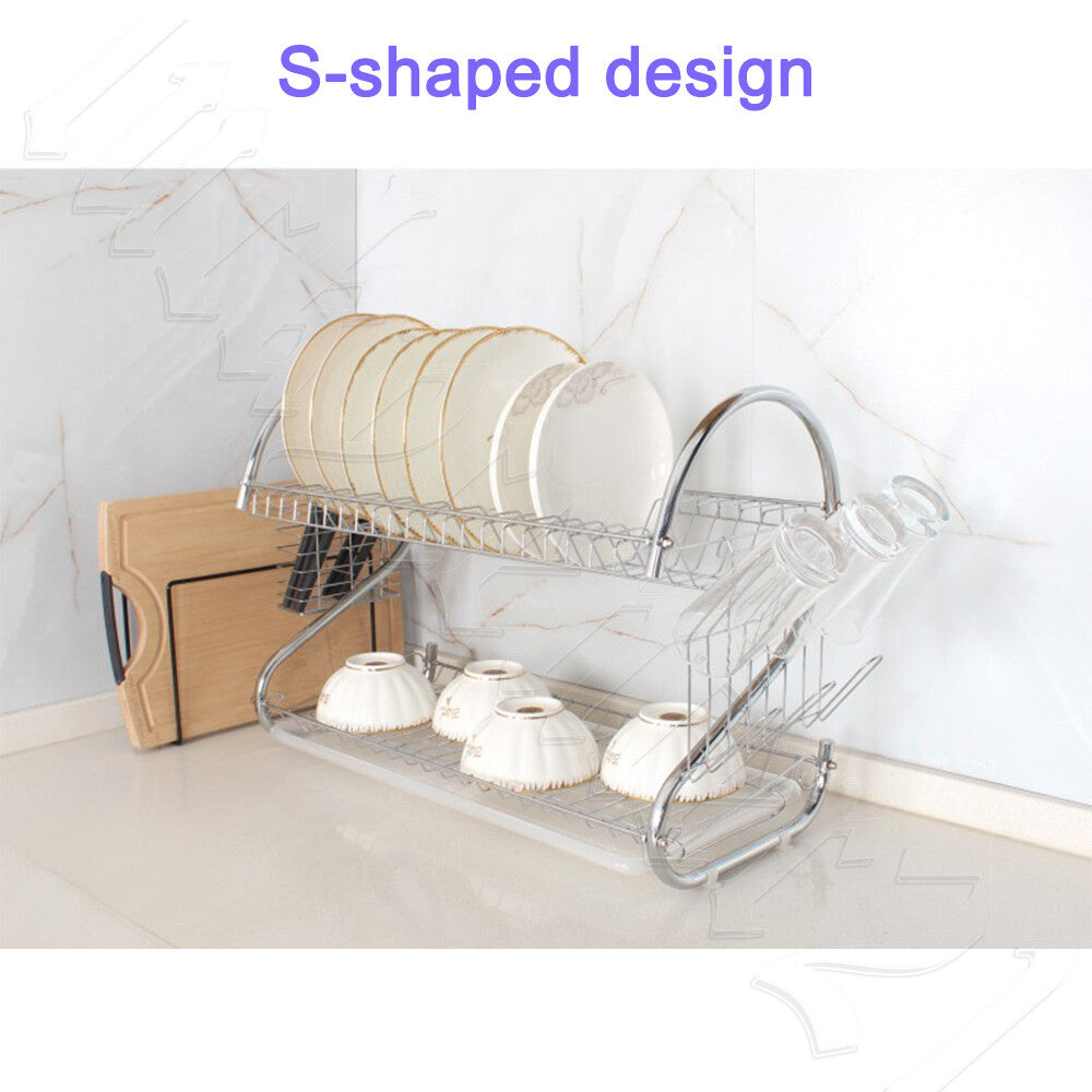 2 Tier Dish Drying Rack Drainer Cup Plate Holder Cutlery Tray Kitchen Organizer