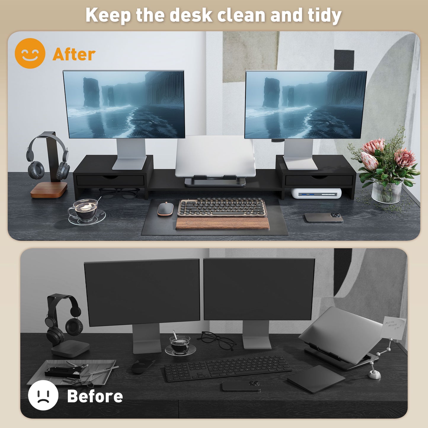 Dual Monitor Stand Riser With 2 Drawers, Adjustable Length And Angle, 116cm Monitor Riser For Laptop, Computer, PC, Small Printer, Black