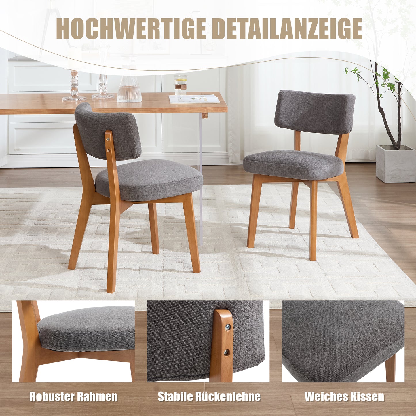 Modern Mid-Century Style Dining Chair Set Of 2, Solid Wood Legs Fabric Upholstered Seat For Kitchen, Dining Room Or Office Gray Linen Fabric