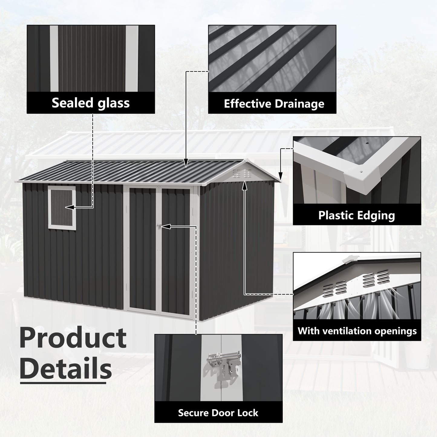 9x6 FT Metal Garden Shed For Patio  Tools House Storage Shed With One Window 9.5 X 6.7FT