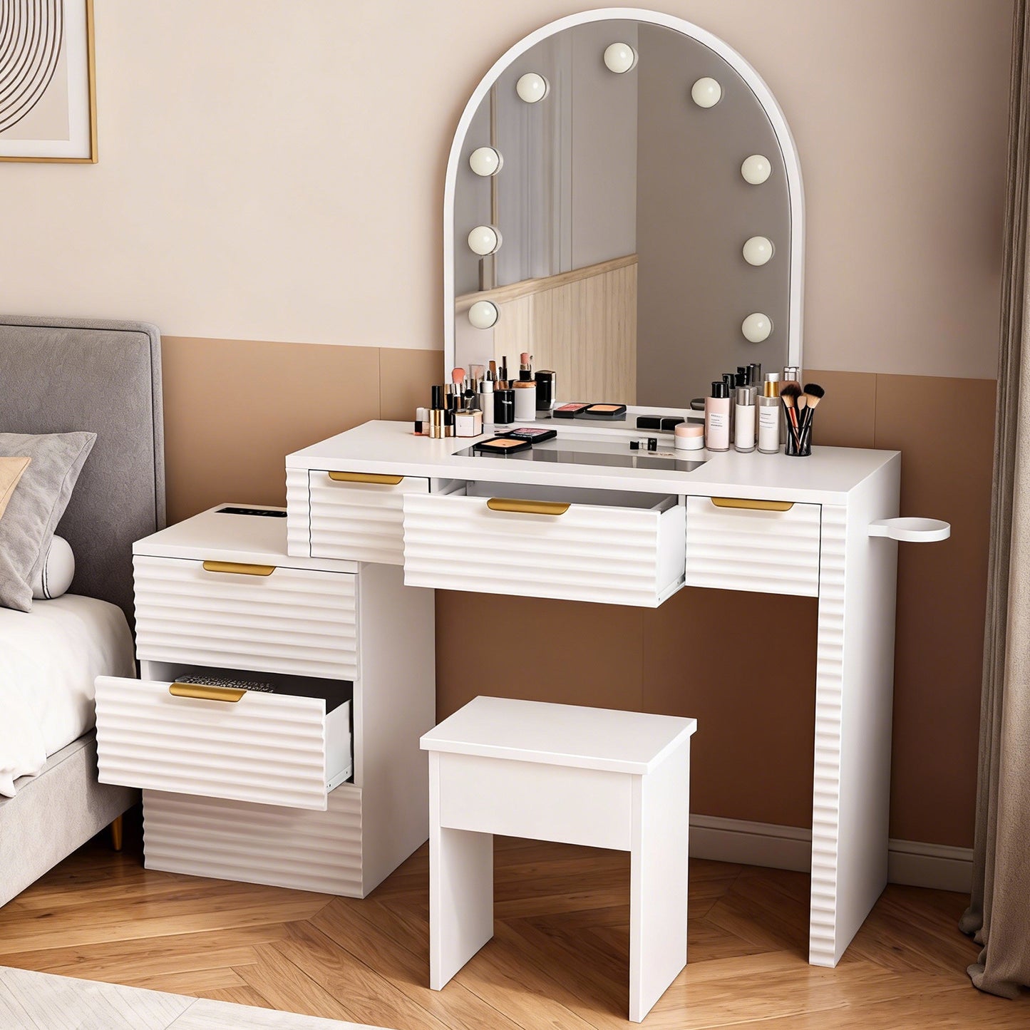 Makeup Vanity Desk With Mirror Lights Glass Tabletop 3 Lighting Modes Adjustable Vanity Table Modern Makeup Desk With Chair Power Outlet And 6 Drawers For Bedroom