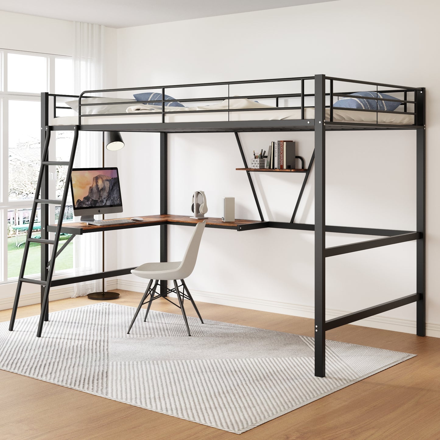90x200cm Bed Frame Metal Bed, Iron Bed, Loft Bed With L-shaped Desk And A Shelf For Children, Teenagers And Adults, Black