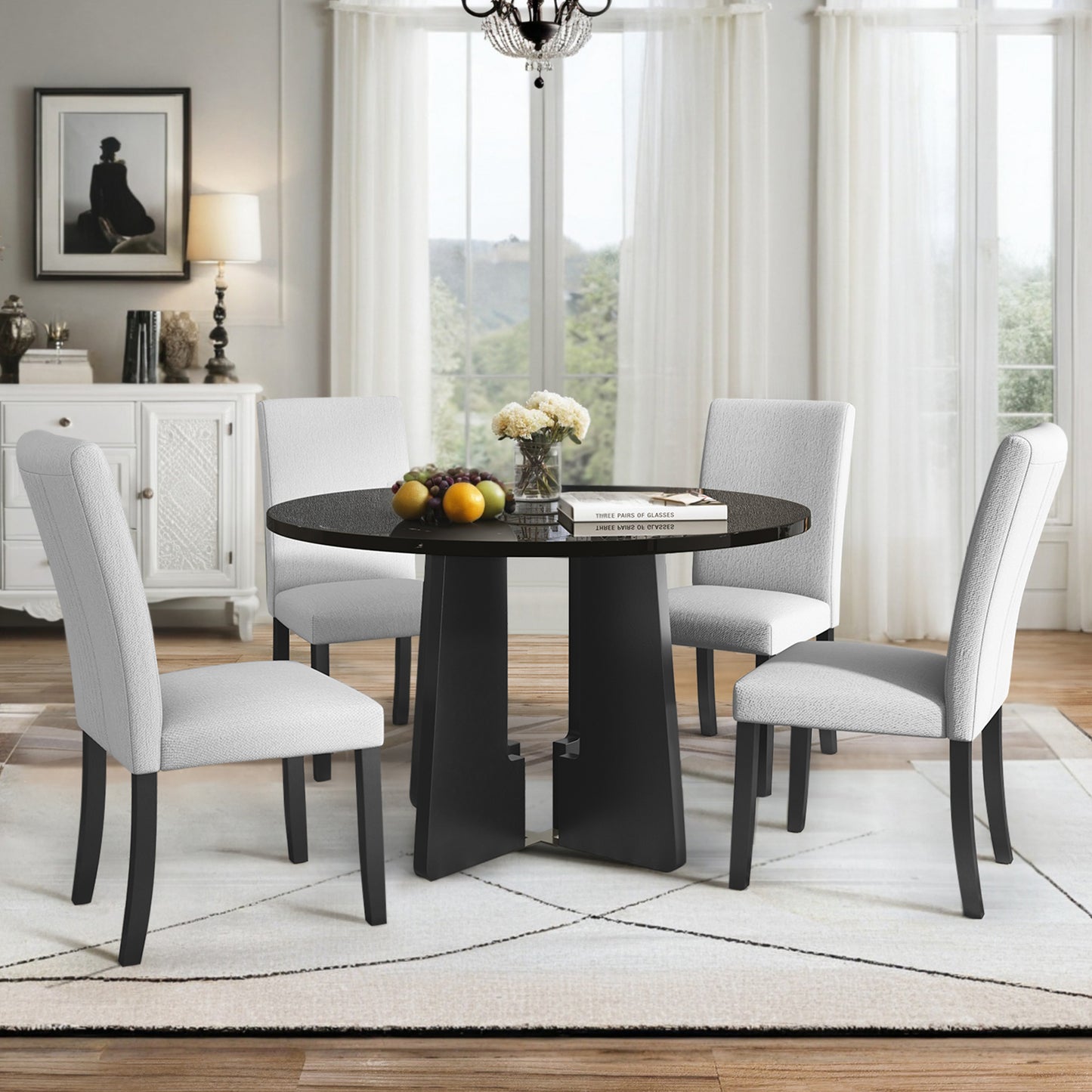 5-Piece Round Dining Table Set, 43-Inch Modern Dining Table And 4 Upholstered Chairs For Dining Room, Kitchen Room, Living Room, Easy Assembly