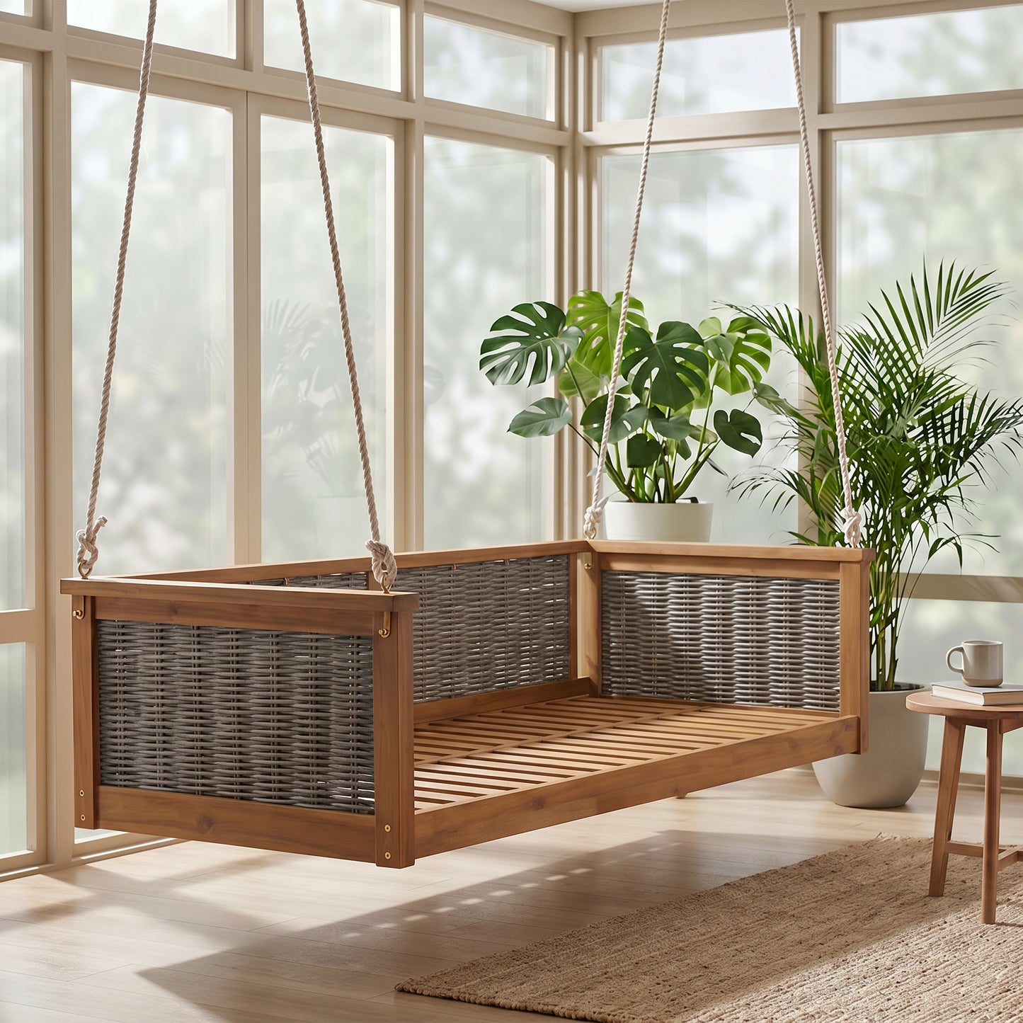 TOPMAX Outdoor Classic Solid Wood Twin Size Swing Bed,Garden Porch Rattan Swing Frame With Long Ropes For Poolside, Backyard,TEAK