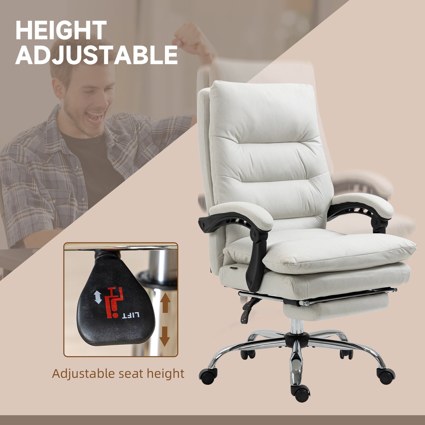 Microfibre Executive Massage Office Chair, Computer Desk Chair, Reclining Chair with Footrest, Double-tier Padding, Swivel Wheels, Cream White