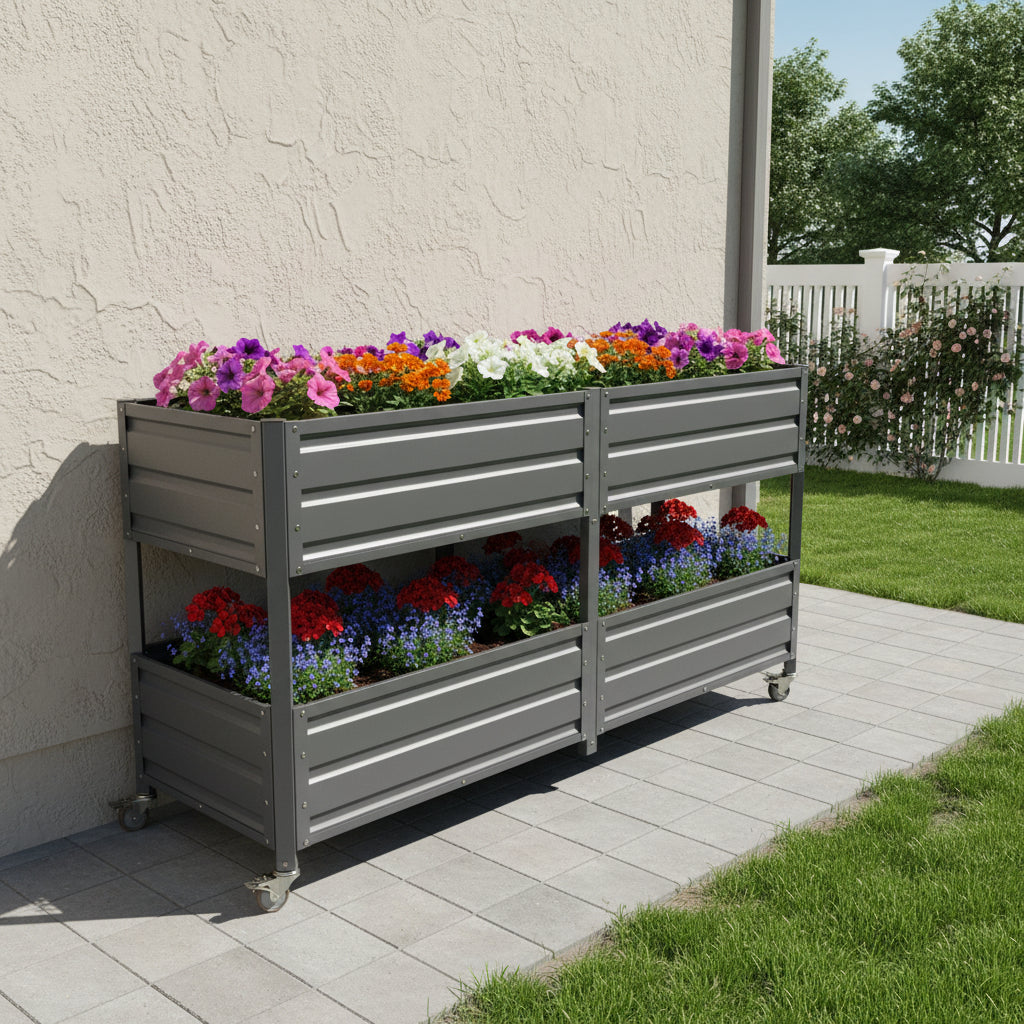 Dual Tier Elevated Metal Raised Garden Bed With Lockable Wheels, Staggered 2-Layer Raised Planter Box For Vegetables Herbs Flowers, Outdoor Patio  Green Planting Bed,Grey