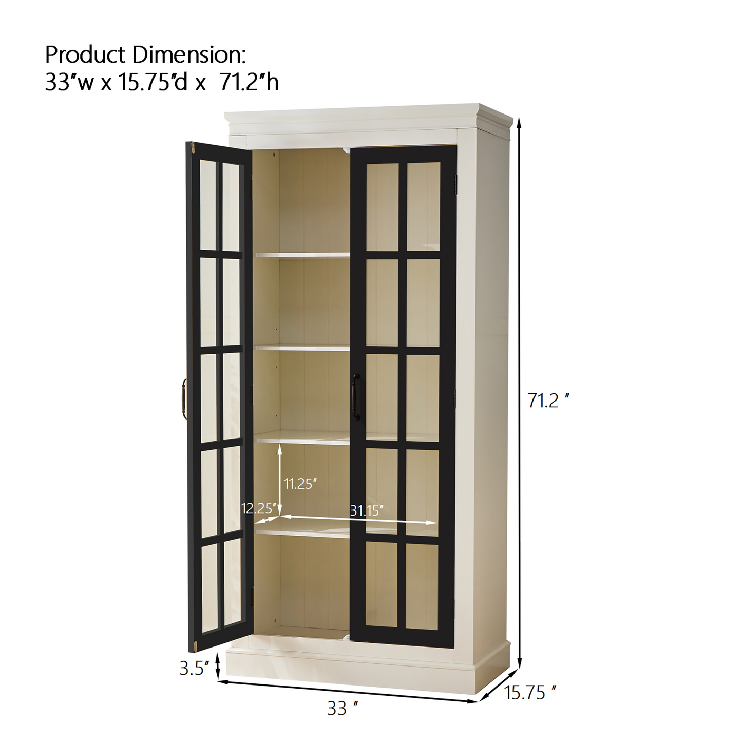 71.2  Freestanding Glass Door Pantry, Farmhouse Style Display Cabinets, Curio Cabinet With Lattice Window For Hallways, Livingroom Kitchen & Office, White & Balck