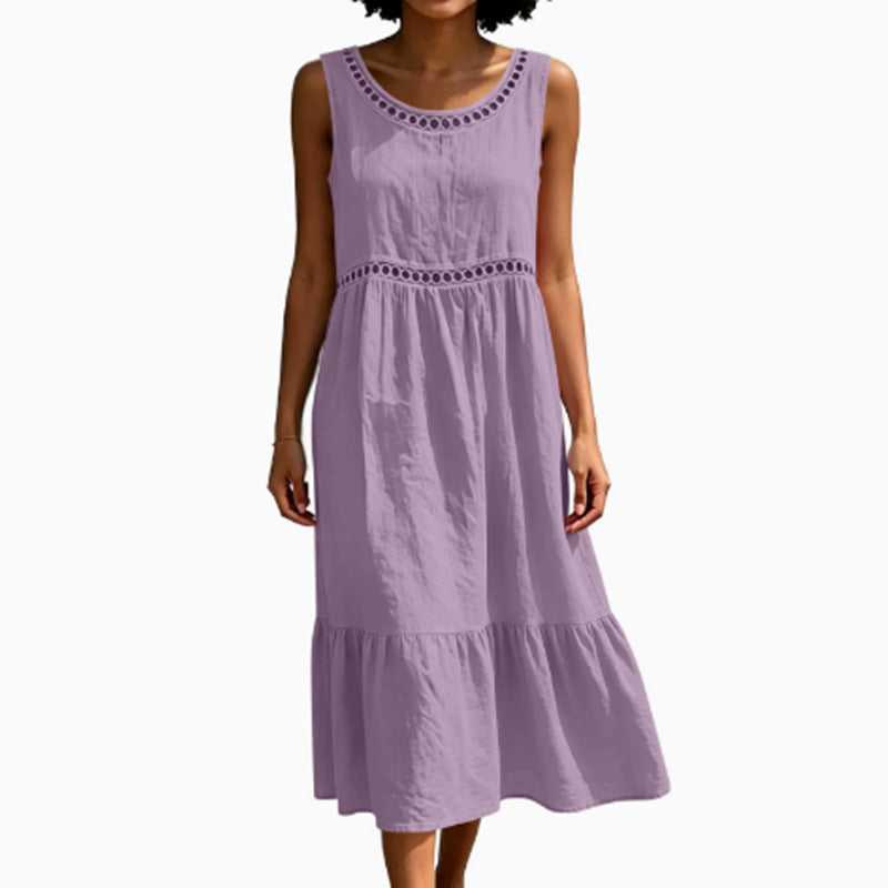 New Lace Casual Round-neck Solid-color Sleeveless Cotton-linen Dress For Women