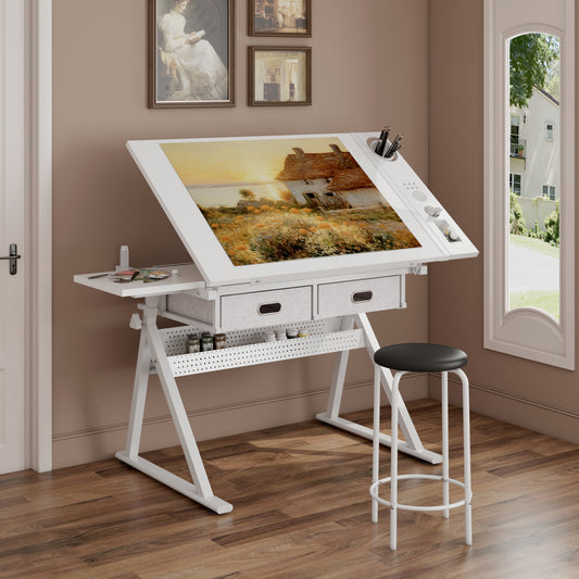 Adjustable Drawing Drafting Table Desk With 2 Drawers For Home Office And School With Stool  All White