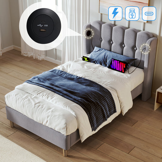 Upholstered Bed Single Bed With USB Type C Charging Function, Bed Frame With Slatted Frame, Upholstered Bed In Grey,90 X 200 Cm Bed Frame Youth Bed For Bedroom Guest Room Linen Material
