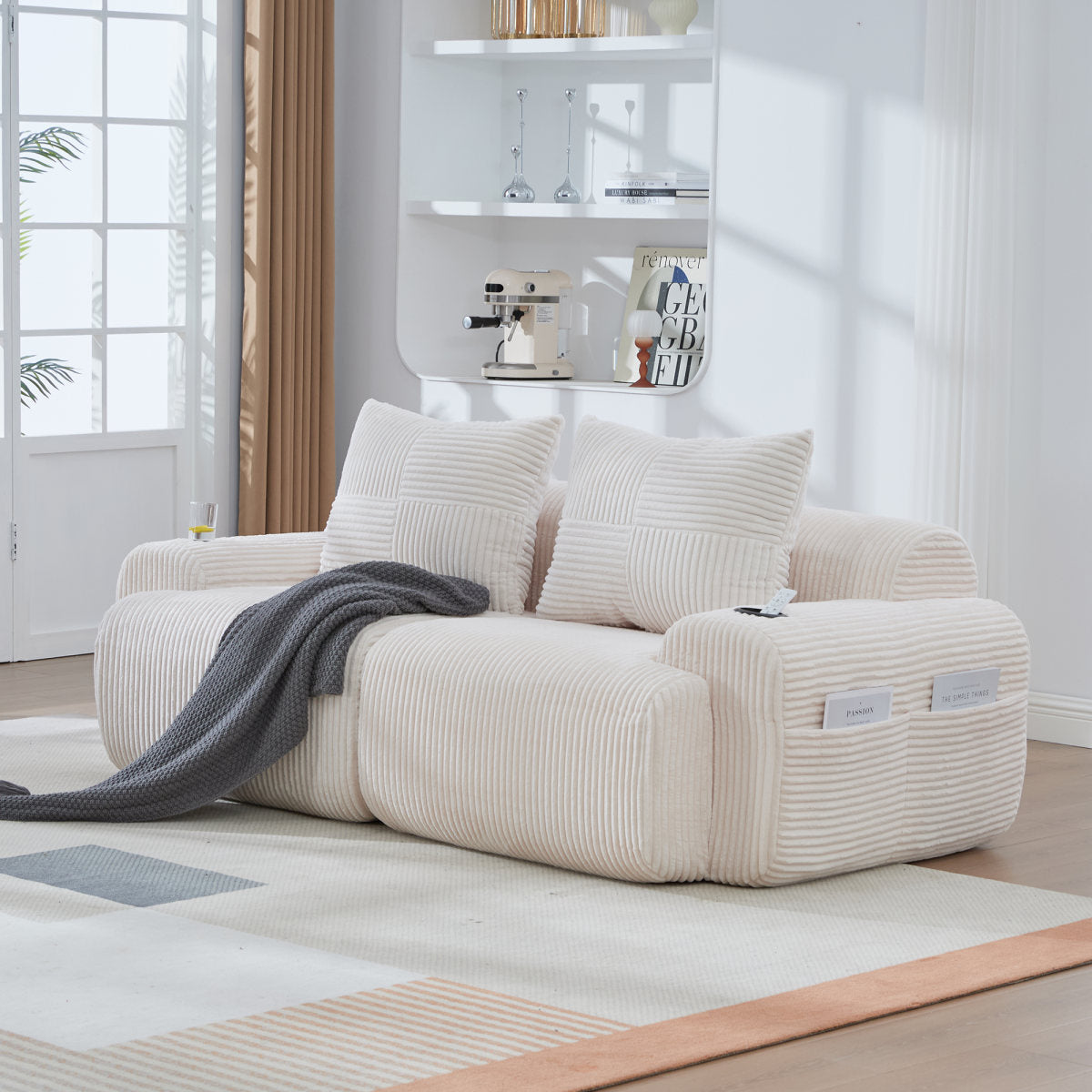 Modular 2-Seater Corduroy Sofa, Freely Configurable And Vacuum-packed, Featuring Built-in Cup Holders And Side Storage Pockets. Ideal For Living Rooms, Family Rooms, And Other Spaces. Beige.