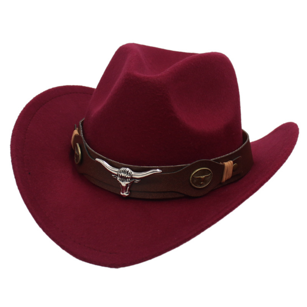National Style Bull Head Decoration Western Cowboy Hat Retro Fashionable Belt Buckle Wide Brimmed Felt Hat For Outdoor Camping, Travel Photography, Outfit. Hat