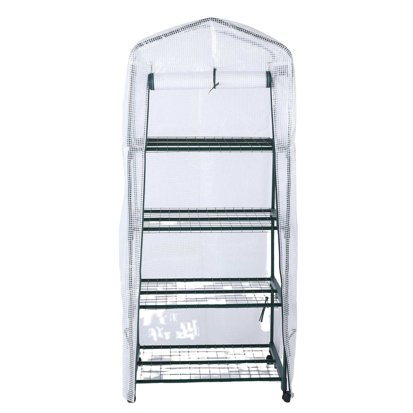 Greenhouse With PE Cover 360° Rotating Wheels Zippered Door Frost Proof 4 Tier Small Plants Green House For Indoor Outdoor White