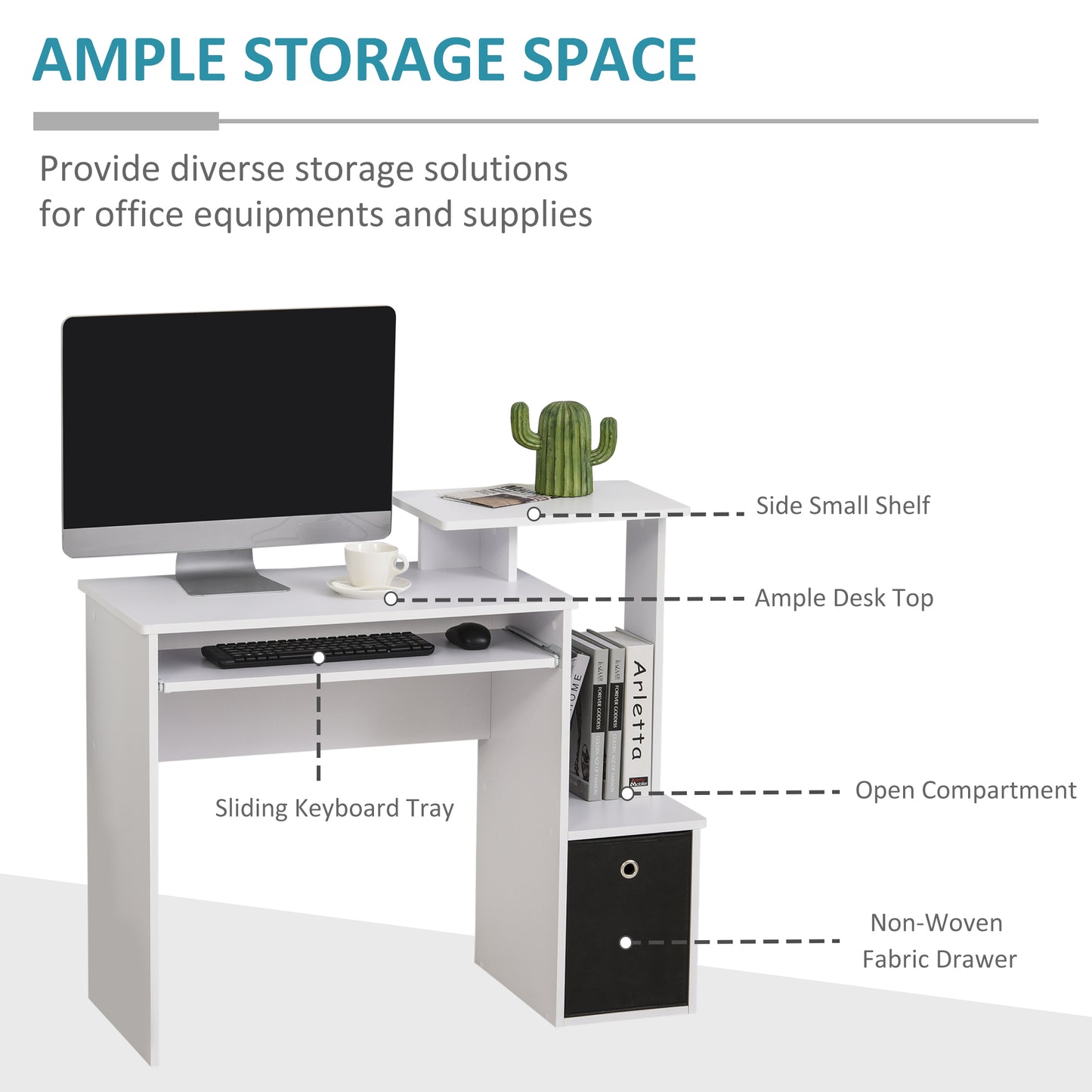 Computer Desk With Sliding Keyboard Tray Storage Drawer Shelf Home Office Workstation White