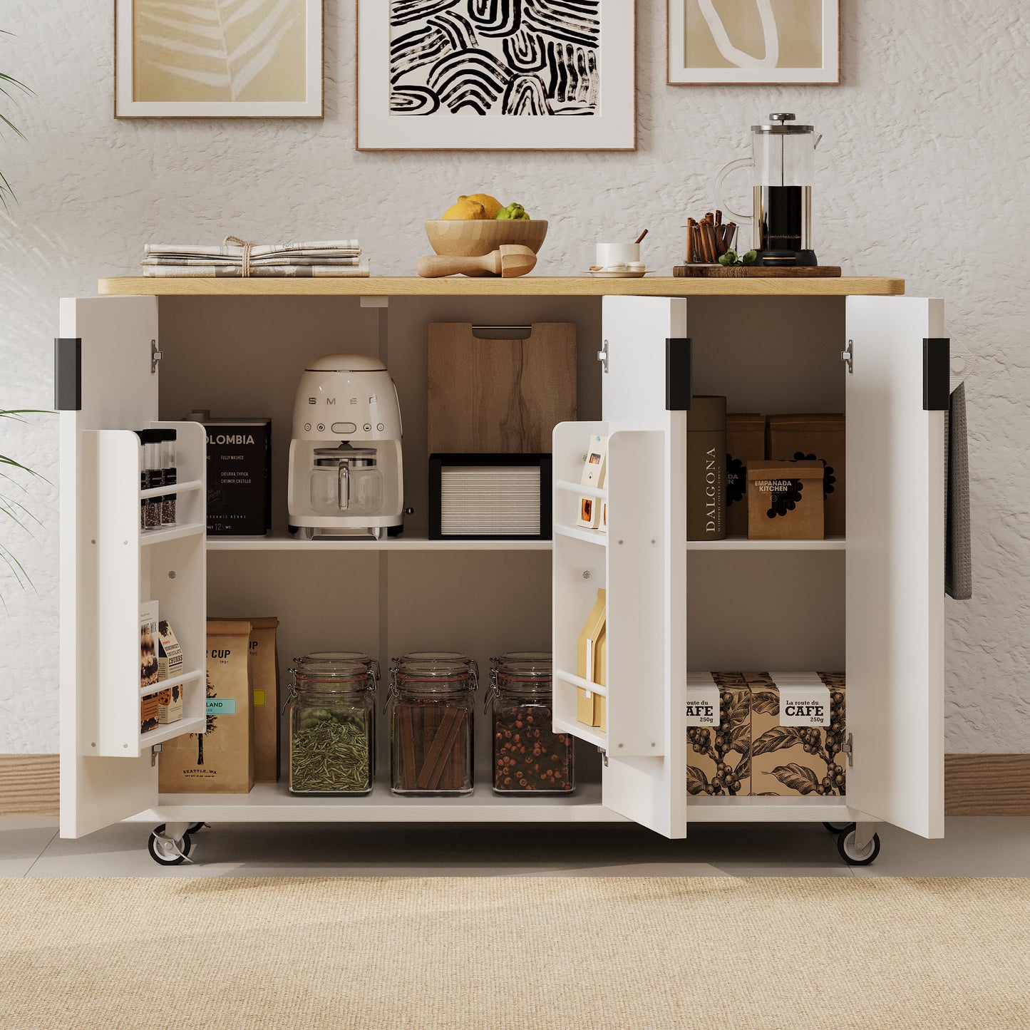 K&K 51  Fluted Kitchen Island With Drop Leaf, Farmhouse Accent Kitchen Island On Wheels With Internal Storage Rack, Rolling Kitchen Cart With Towel Rack For Kitchen, Dining Room, White Ash