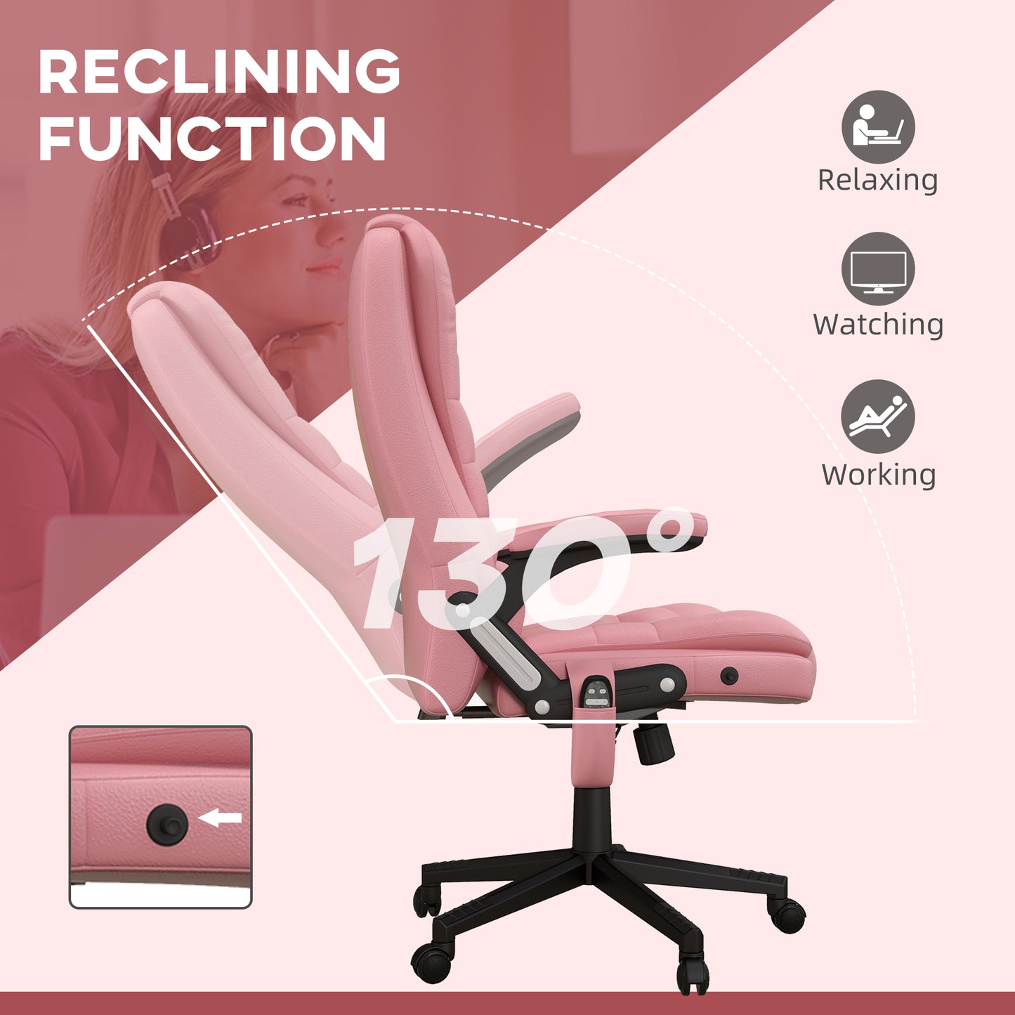 Massage Office Chair, Heated Reclining Computer Chair with 6 Vibration Points, Armrest and Remote, Pink