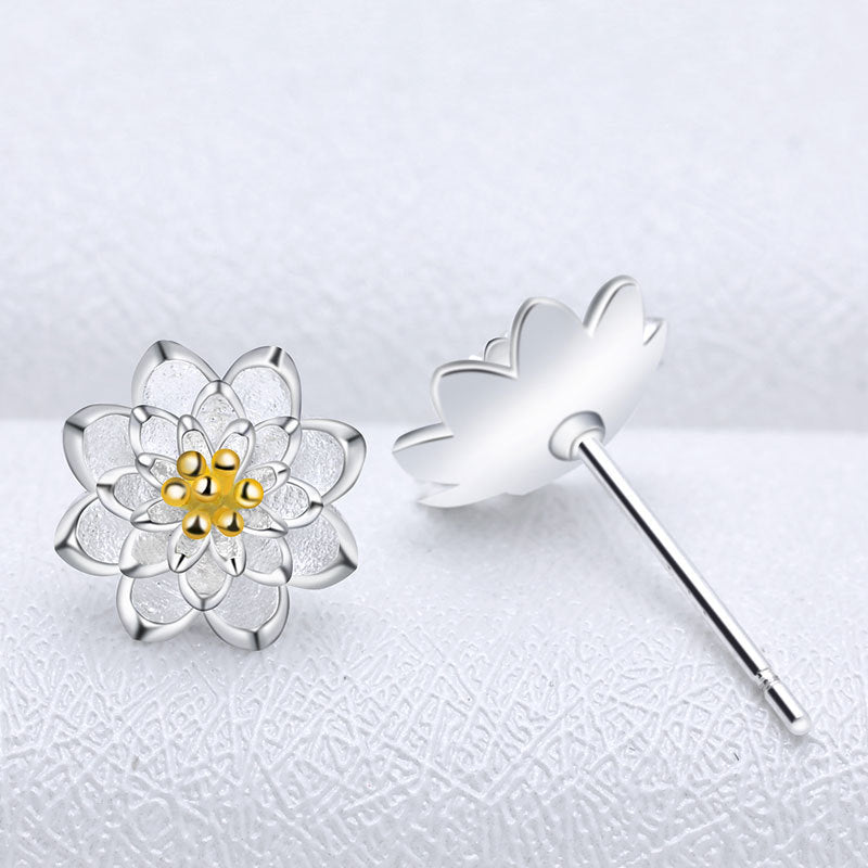Silver Earrings Cat Lotus Flower Korean-style Fashionable Simple Silver Jewelry Ear Accessories