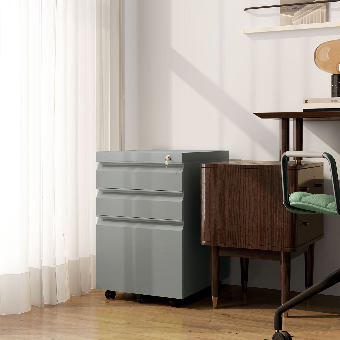 Vinsetto 3 Drawer Filling Cabinet, Mobile Metal File Cabinet With Anti-tilt Design For Letter, A4, Legal Size, Grey