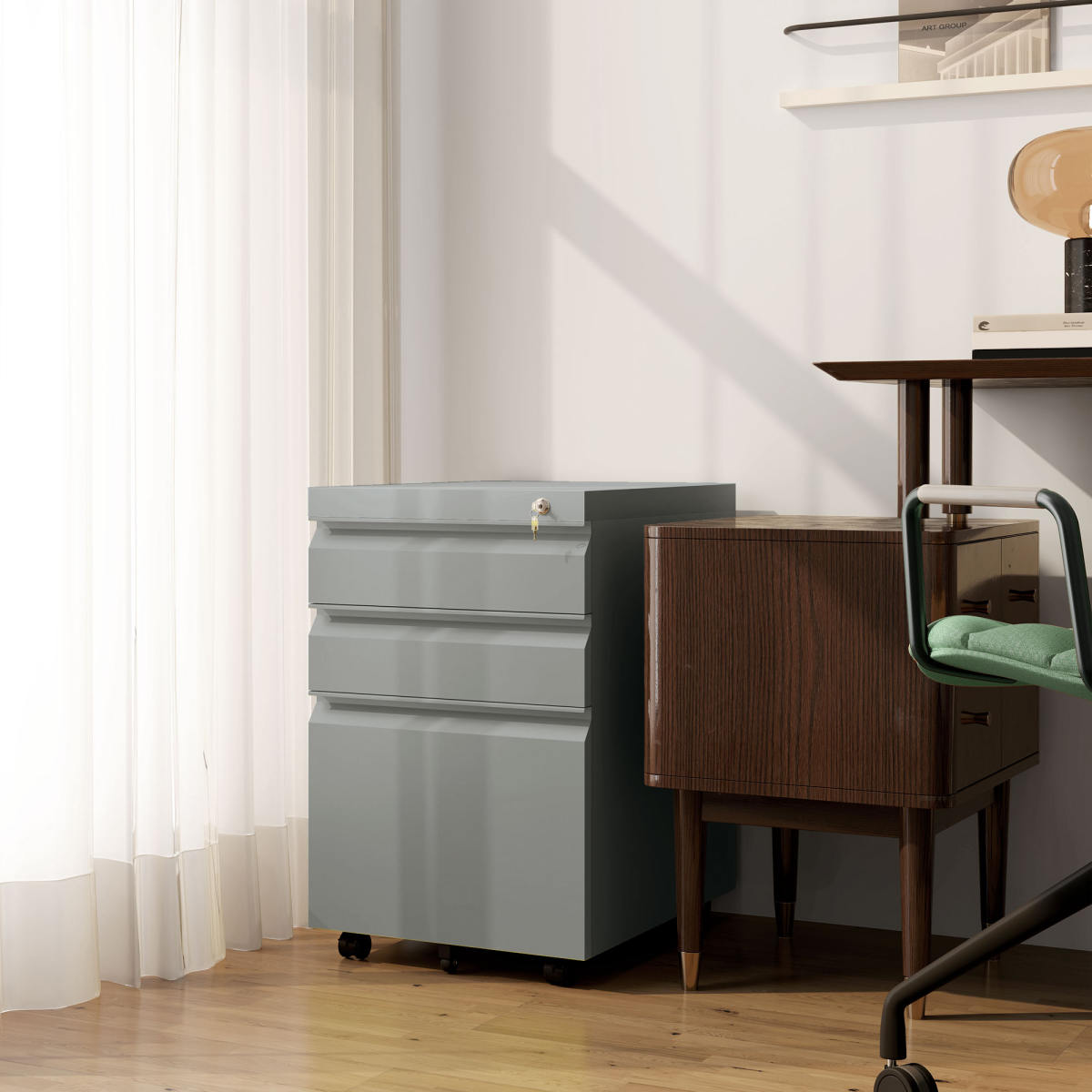 Vinsetto 3 Drawer Filling Cabinet, Mobile Metal File Cabinet With Anti-tilt Design For Letter, A4, Legal Size, Grey
