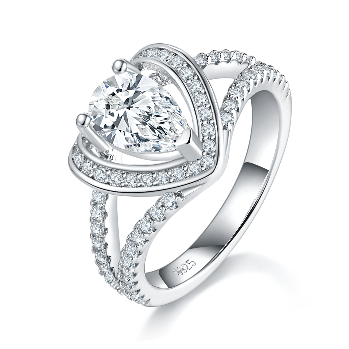 S925 Sterling Silver 1ct Heart Cut Moissanite Ring, 5x8mm D-VVS1 Split Shank Pave Halo, Platinum Plated US Sizes 5-9, GRA Certificate Gift Box