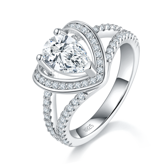 S925 Sterling Silver 1ct Heart Cut Moissanite Ring, 5x8mm D-VVS1 Split Shank Pave Halo, Platinum Plated US Sizes 5-9, GRA Certificate Gift Box