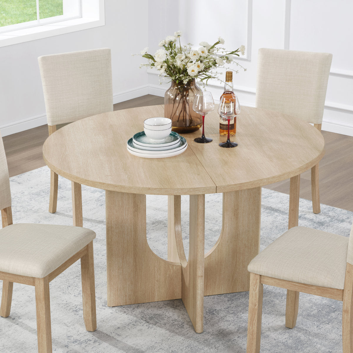 Modern Round Dining Table for 4, Farmhouse 47.3 inch Round Dining Table for Kitchen, Dining Room, Living Room, Light Oak