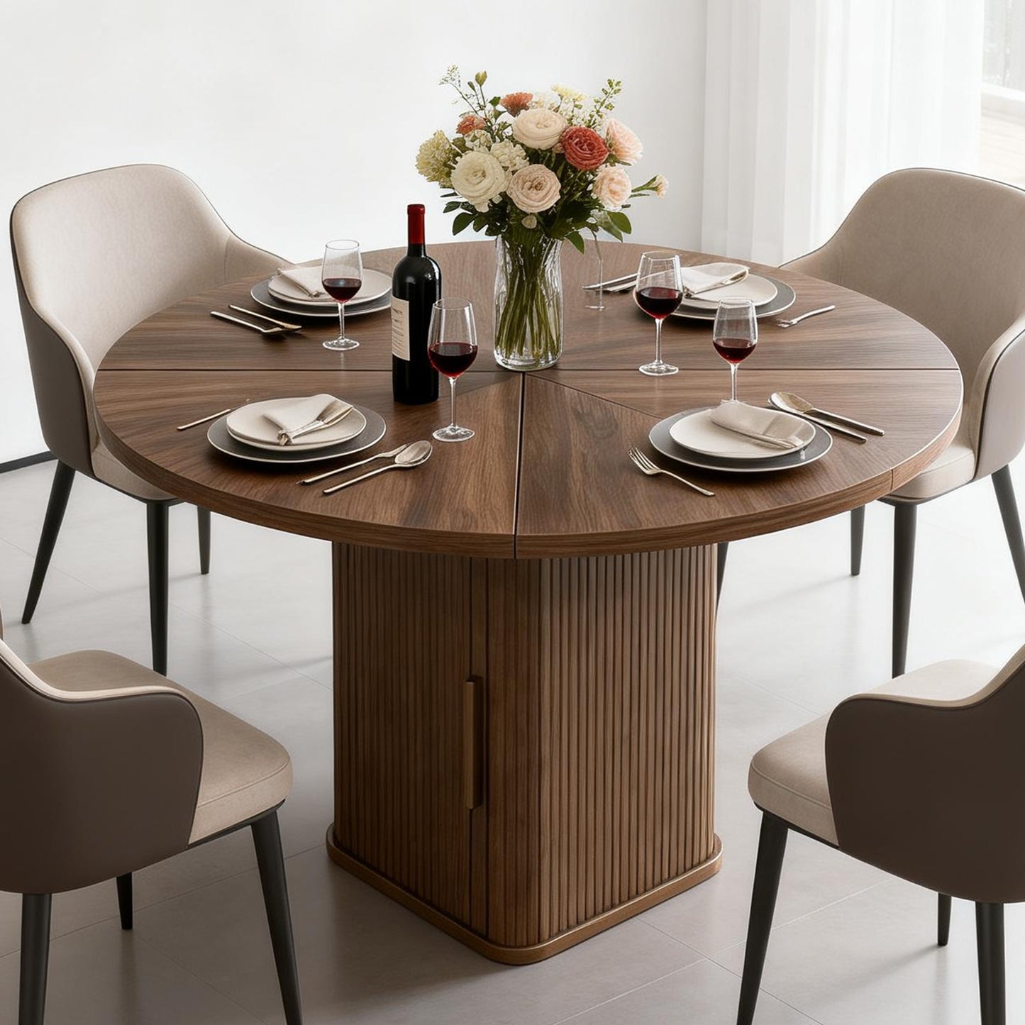 47in Dining Table Exquisite Round Table With 2 Storage Shelf Wood Slide Door And Wooden Base For Dining Room Home Kitchen Canteen