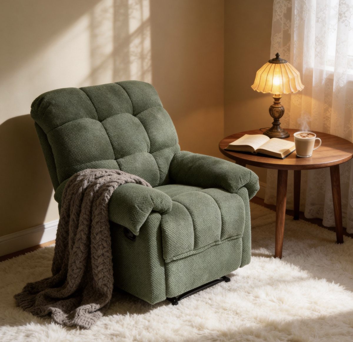 Green Recliner  Chair, Overstuffed Armchair, Manual Recliner, Living Room Seating, Reading Chair, Padded Footrest, Home Theater Seating, Ergonomic Lounge Chair, Soft Fabric Recliner,  Furniture.