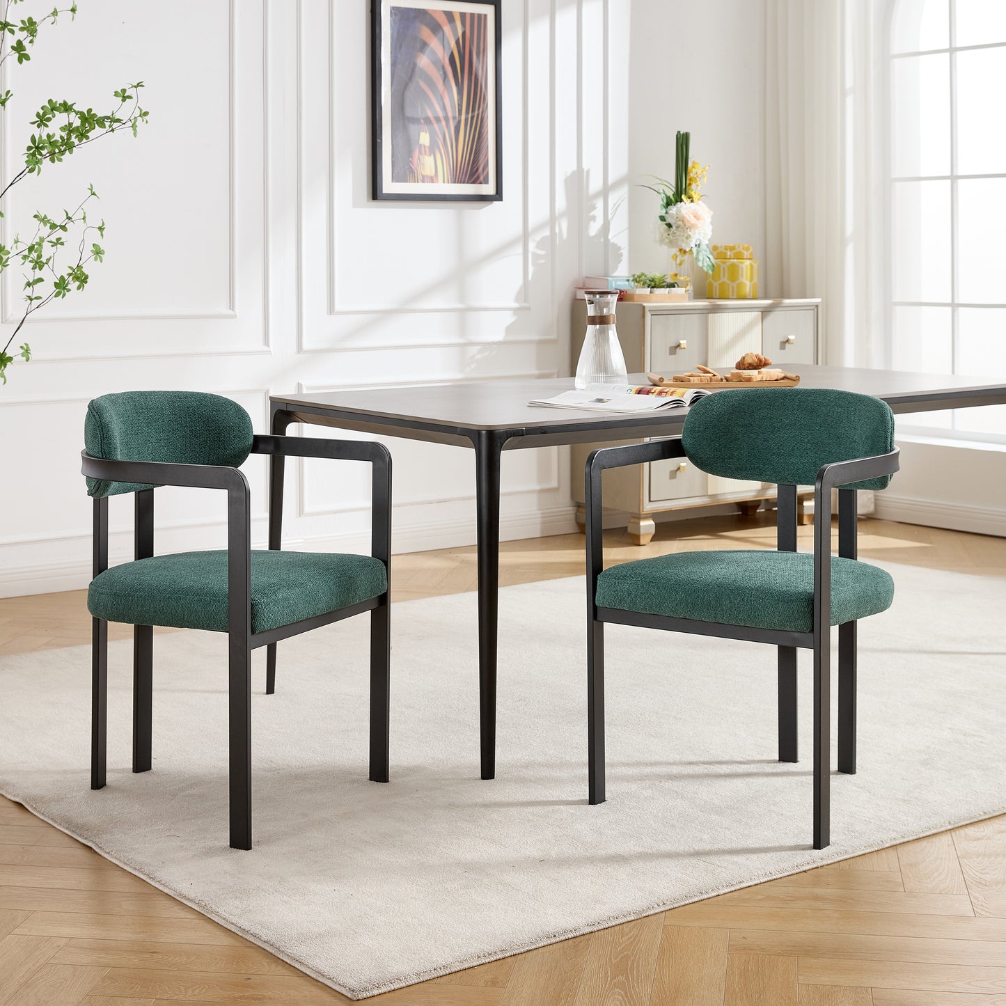 Modern Dining Room Chairs Set Of 2, Mid Century Upholstered Boucle Kitchen Dining Chairs With Black Metal Legs Side Chair