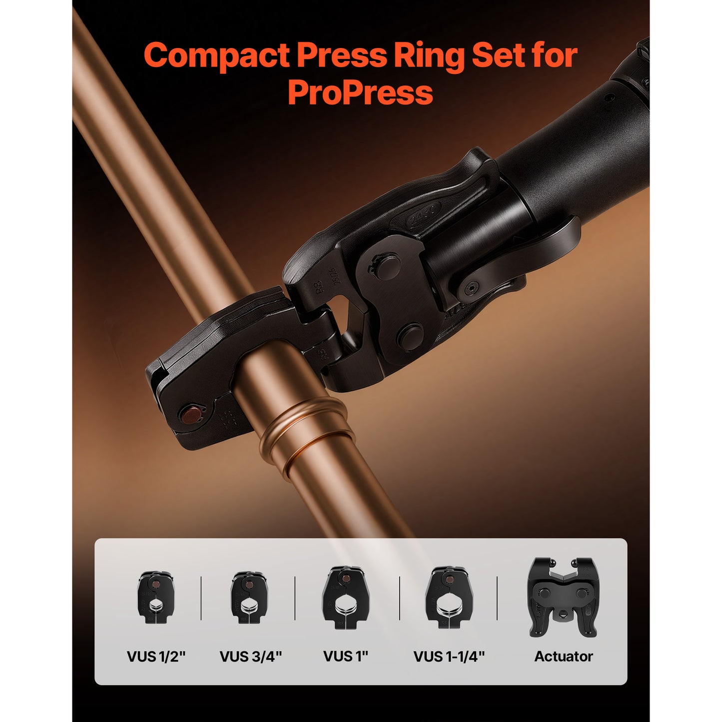 5PCS ProPress Pressing Kit For Compact Series Press Tools, 4PCS Press Rings 1 2, 3 4, 1, 1-1 4  & R8 Actuator For ProPress Copper Pipes, Compatible With 24KN Press Tools For 180 Operation
