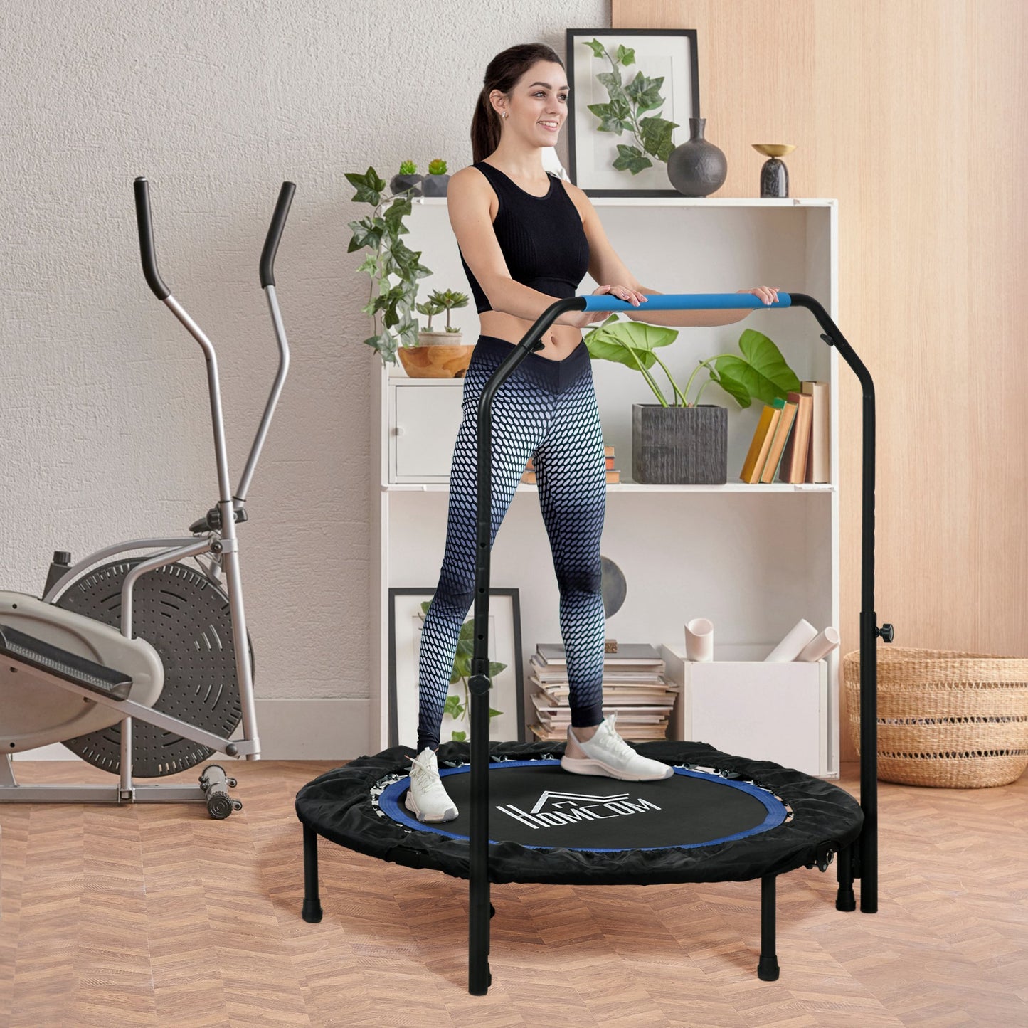 40" Foldable Mini Fitness Trampoline, With Adjustable Foam Handle, Blue