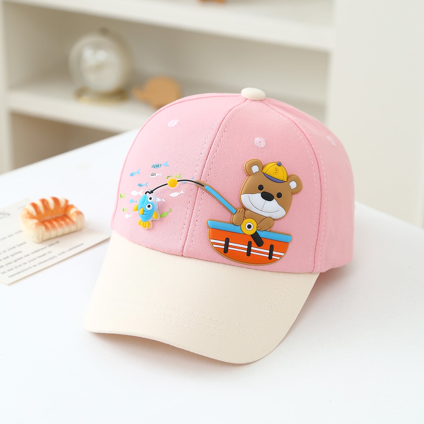 Summer Children's Cartoon Fishing Teddy Bear Patchwork Baby Baseball Cap Suitable For Outdoor Sun Protection And Shade, Ideal For Daily Shopping And Outings.