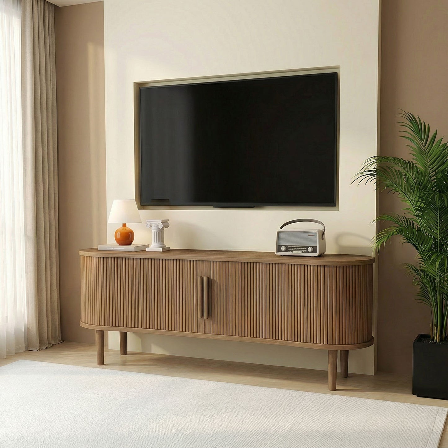 63in Fluted TV Stand Modern Media Console Table Entertainment Center With Sliding Door And Solid Wood Legs For Living Room Bedroom Office