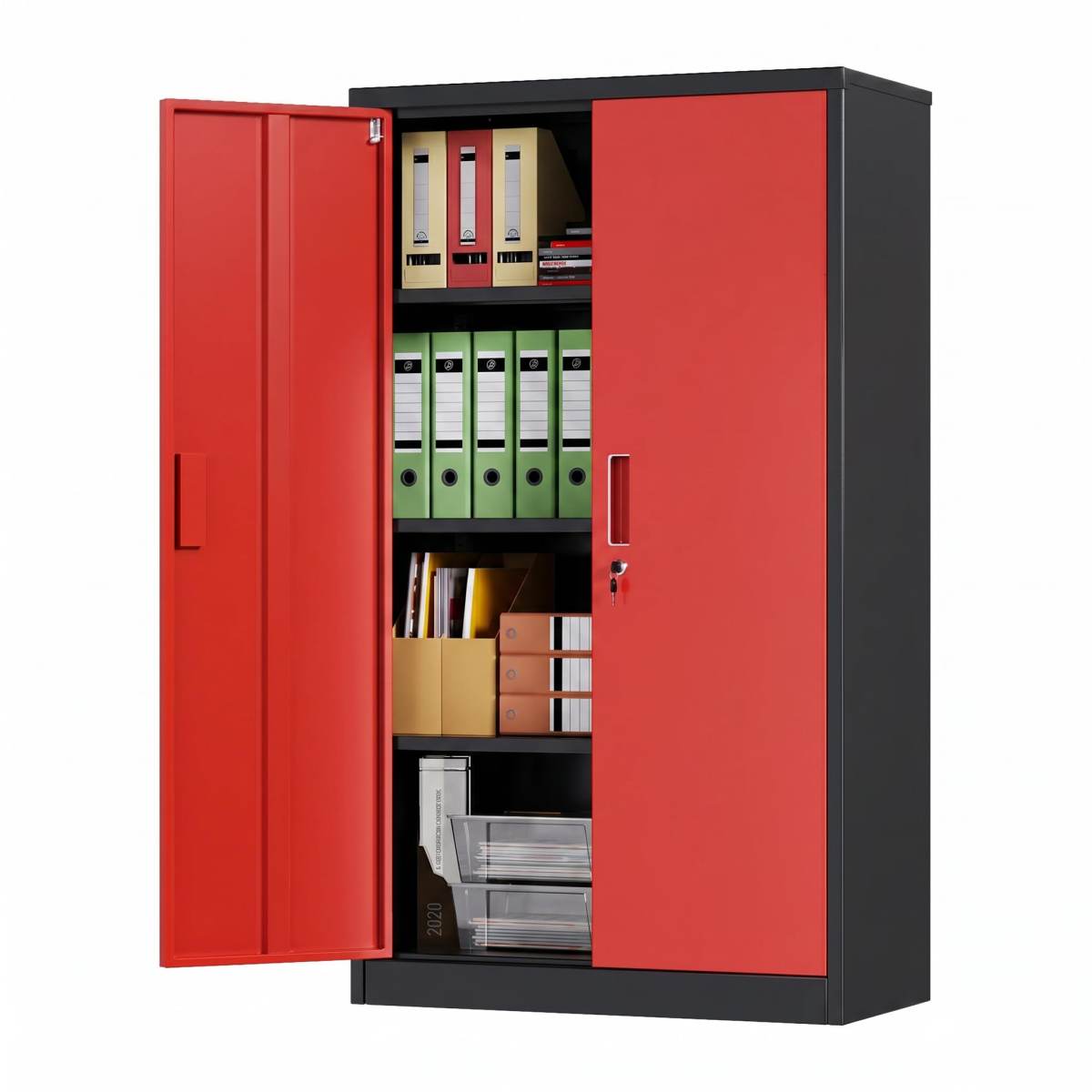 Metal Garage Storage Cabinet, Lockable Steel Storage Cabinet With 3 Adjustable Shelves For Garage, Office, Home, Assembly Required, Black & Red