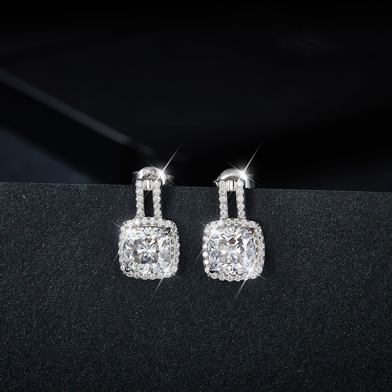 S925 Sterling Silver 7x7mm Cushion Cut Moissanite Stud Earrings  Double Bar Halo Drop Earrings With GRA Certificate Platinum Plated Jewelry Gift Box Set