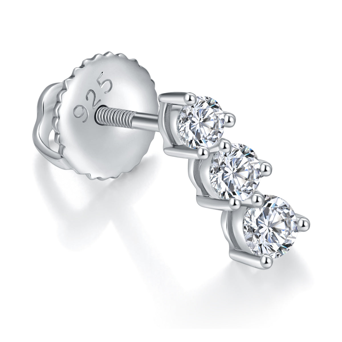 S925 Sterling Silver Moissanite 3 Stone Earrings  Round Cut Screw Back Studs With GRA Certificate Platinum Plated Vertical Drop Jewelry Gift Box Set For Women
