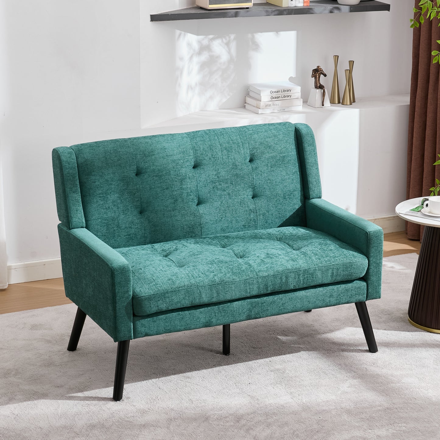 Premium Linen Bench  2 Seater With Non-Slip Solid Wood Legs And High-Density Foam Cushions  Button Upholstered Accent Chair For Living Room, Bedroom And Office