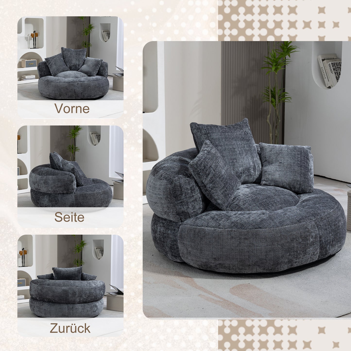 Lazy Sofa Durable Comfort Lounger High Back Bean Bag Chair Couch With Three Cushions For Adults And Kids, Indoor & Outdoor, Single Gaming Sofa Chair For Bedroom, Office  Gray Chenille
