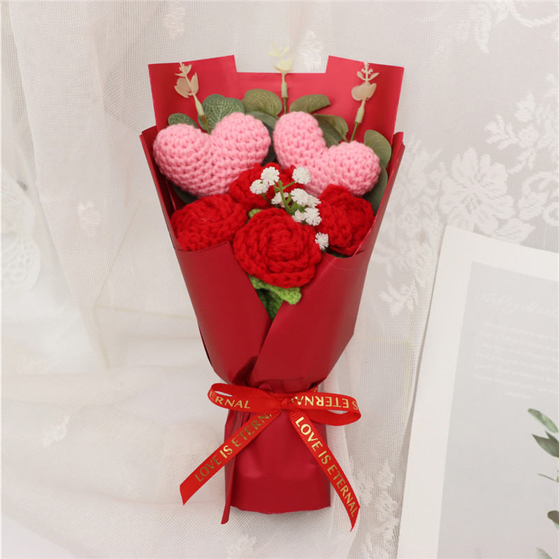Handmade Crocheted Flower Bouquet, Heart Ornaments Matched With Red Roses And Baby's Breath, Soft Yarn Everlasting Knitted Bouquet, Indoor Home Decorative Ornament