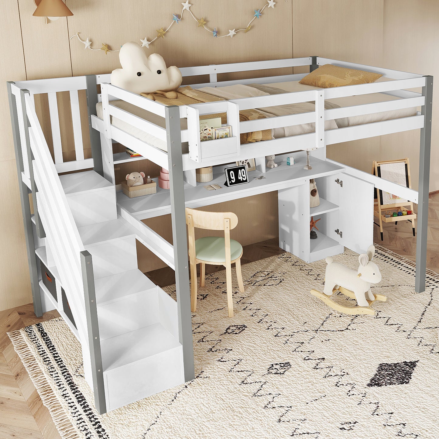 Half-high Bed, With Fabric Storage Box, Ample Storage Space, With Side Ladder, Open Shelf, Youth Bed With Desk And Lockers, Pine MDF, White Grey, 90x200cm