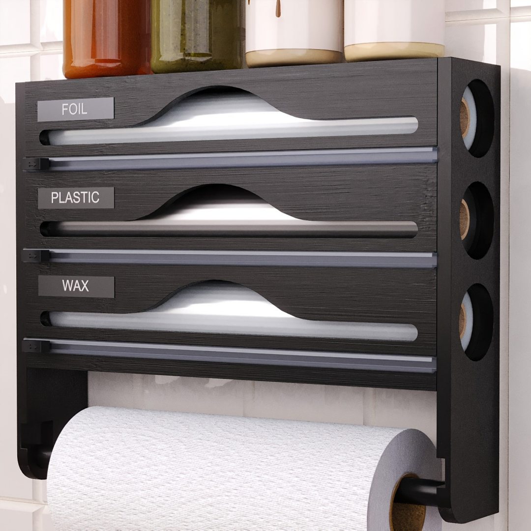 Plastic Wrap Dispenser With Paper Towel Holder, 3-compartment Kitchen Organizer For Plastic Wrap, Aluminum Foil And Wax Paper, With Film Cutter