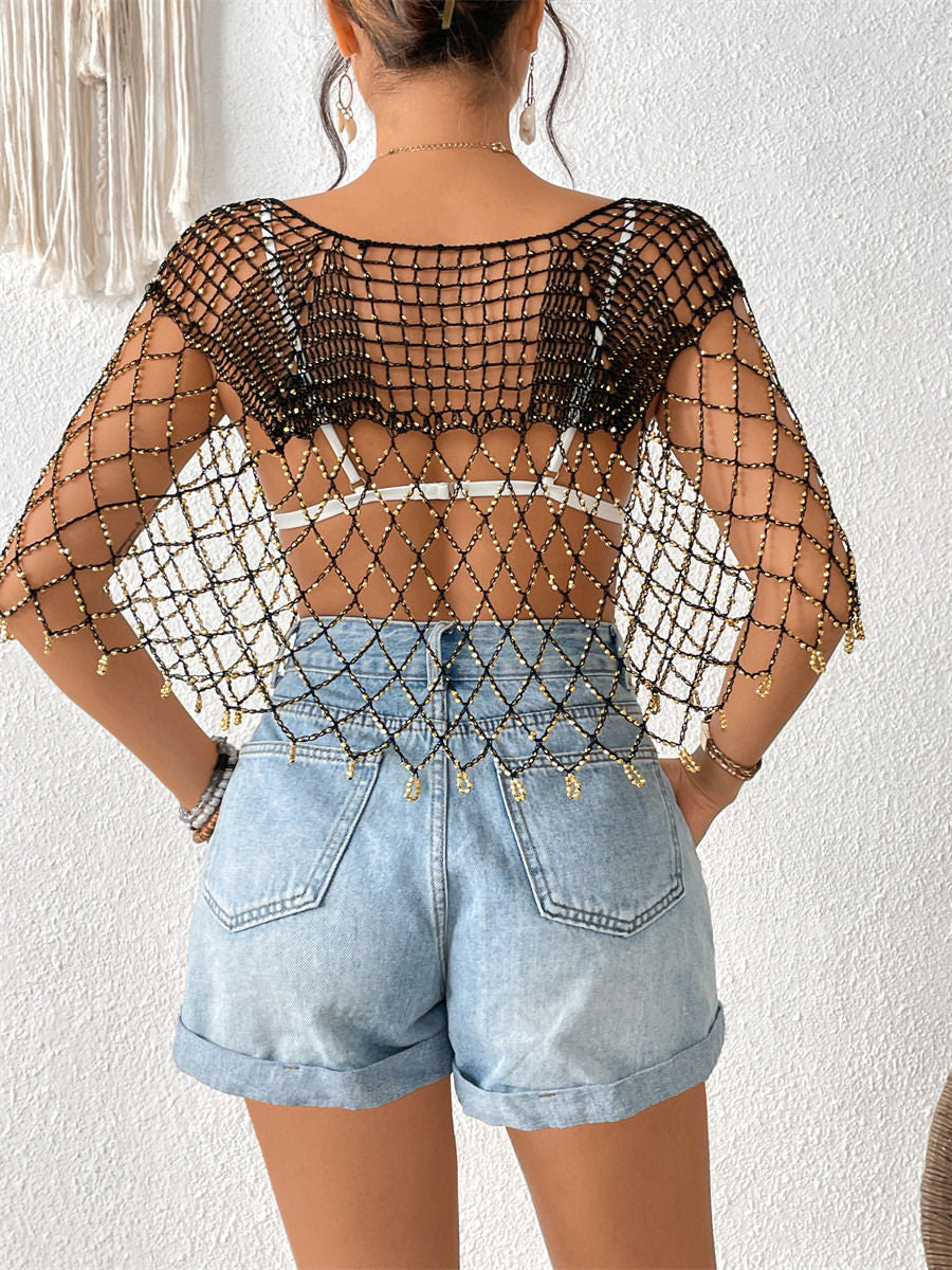 New Arrival Women Hollow Out Beaded Tassel Cape Shawl, Sheer Sun Protection Bikini Cover Up, European American Resort Beach Outfit