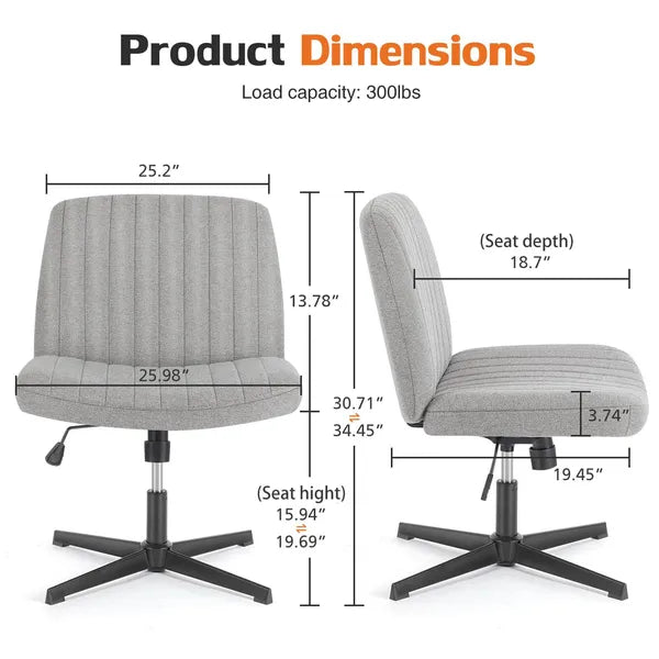 Cross Legged Office Living Room Rocking Gaming Chair Armless Wide Desk Adjustable Swivel Fabric Task Vanity Home Office