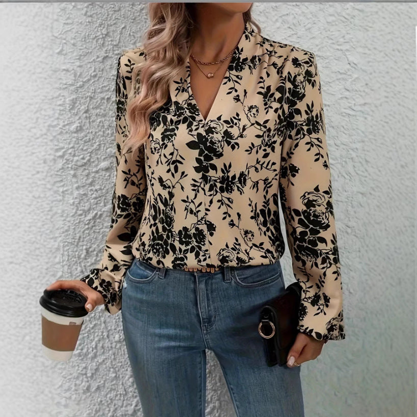 Womens Fashion Floral Print V-Neck Shirt