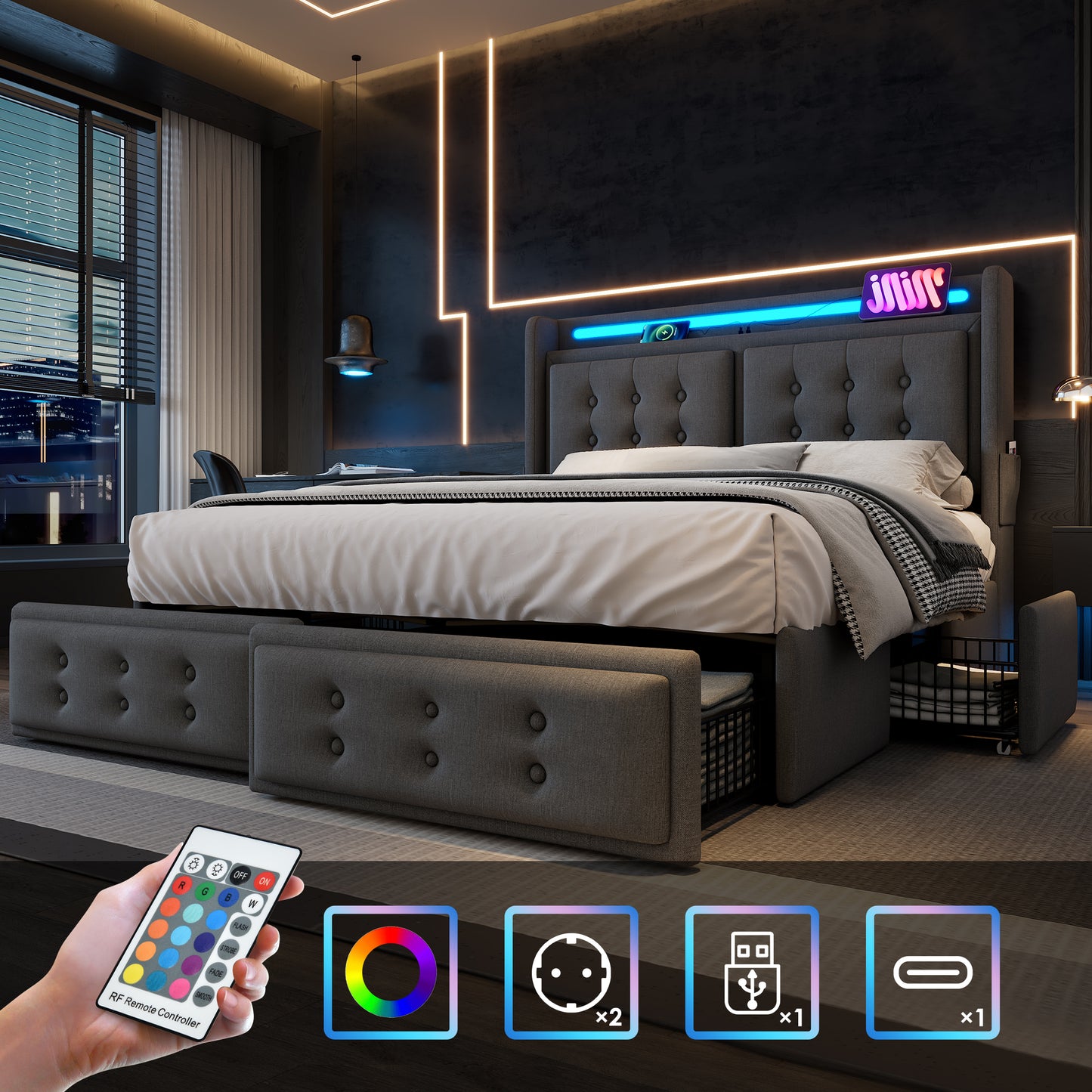 Upholstered Bed 140x200, Double Bed With LED Headboard And USB C Charging Function And 4 Drawers, Storage Beds With Wooden Slatted Base And Metal Frame, Load Capacity 300 Kg, Grey, Cotton Without Matt