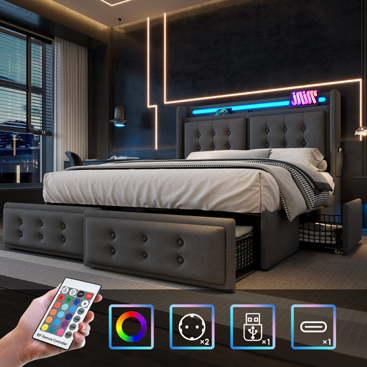 Upholstered Bed 140x200, Double Bed With LED Headboard And USB C Charging Function And 4 Drawers, Storage Beds With Wooden Slatted Base And Metal Frame, Load Capacity 300 Kg, Grey, Cotton Without Matt