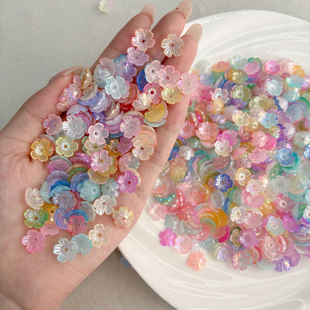 Multicolor AB Plated Acrylic Flower Beads, Iridescent Floral Spacers With Hole, Two-Tone Shiny Charm For DIY Jewelry Making, Necklaces, Bracelets, Beading Craft Supplies.